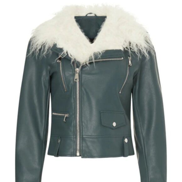 $340 NOIZE Suren Jacket faux white shearling color teal moto jacket S - Picture 4 of 13